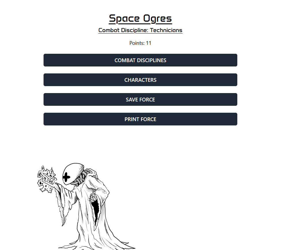 screenshot of the cyber savage force builder application